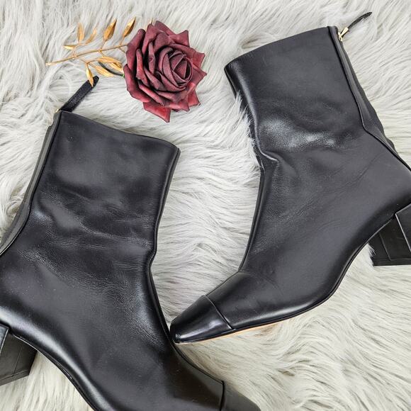 Ann Taylor Black Leather Ankle Boots Size 7M Square Toe Block Heel Back Zip Chic - Picture 8 of 13